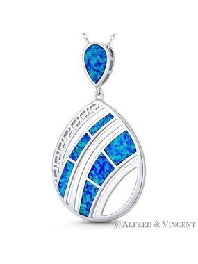Tear-Drop Greek Key Charm Created Opal Pendant in 925 Sterling Silver w/ Rhodium